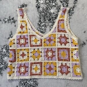 Rebellion Again Tank Top Womens Size XS Multi Patchwork Crop Crochet Granny Knit